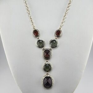 Silver Tone Y‎ Necklace with Multicolor Faceted Oval Stones